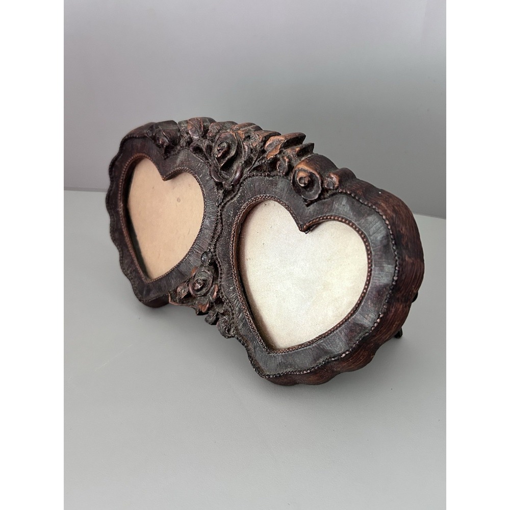 Vintage 7" Long Picture Frame Wood Carved Look - Rose Flower Double Heart Shape - Picture 3 of 8